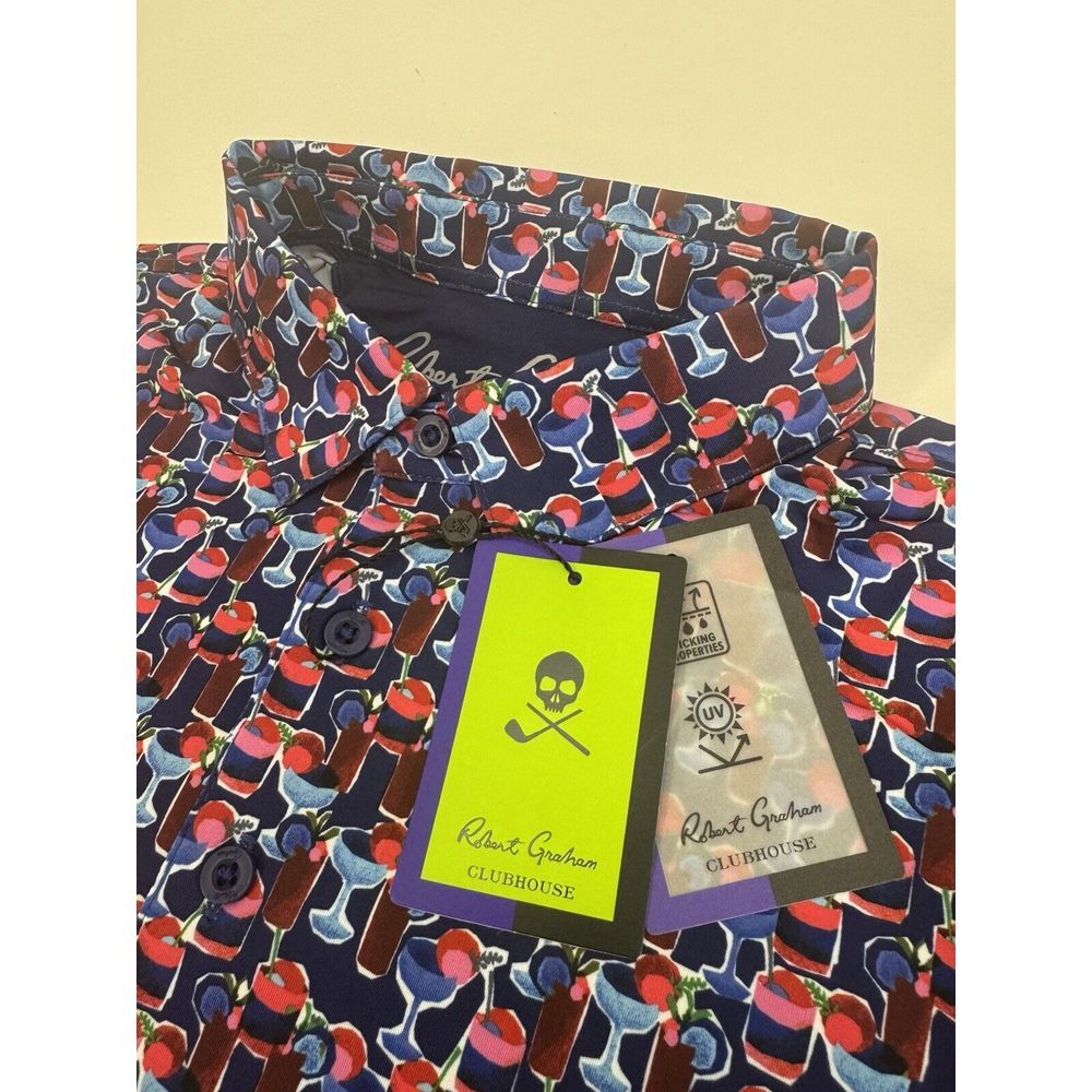 NWT Robert Graham Cocktail Hour Performance Golf‎ Polo Shirt Drinks Print SMALL